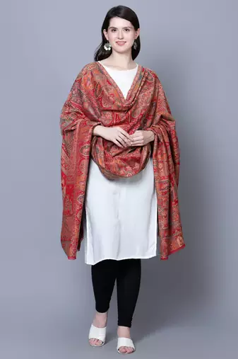 Women Fine Wool Mughal Darbar Kaani Jaal Pashmina Red Shawl