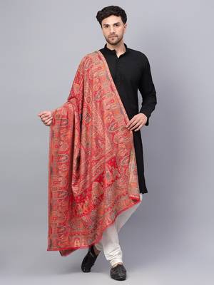Men Fine Wool Mughal Darbar Kaani Jaal Pashmina Red Shawl 1