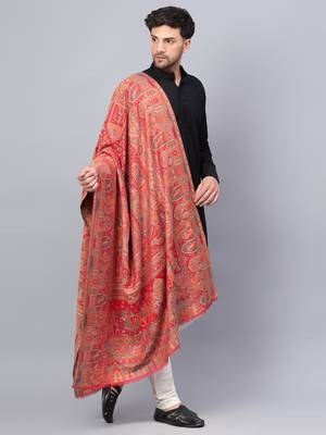 Men Fine Wool Mughal Darbar Kaani Jaal Pashmina Red Shawl 2