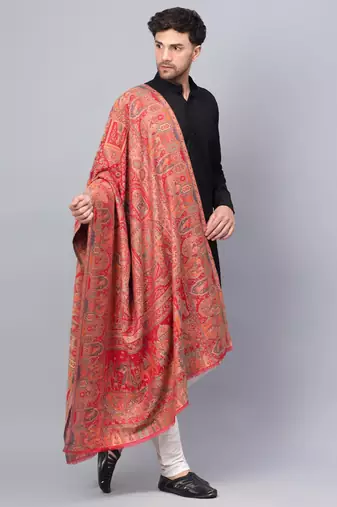 Men Fine Wool Mughal Darbar Kaani Jaal Pashmina Red Shawl