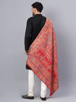 Men Fine Wool Mughal Darbar Kaani Jaal Pashmina Red Shawl 3