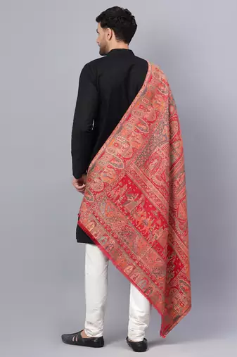 Men Fine Wool Mughal Darbar Kaani Jaal Pashmina Red Shawl