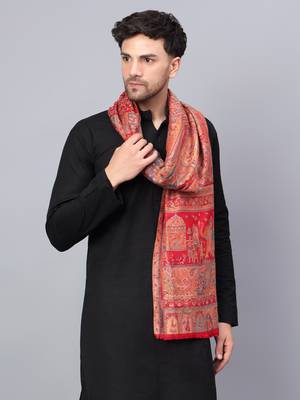 Men Fine Wool Mughal Darbar Kaani Jaal Pashmina Red Shawl 4