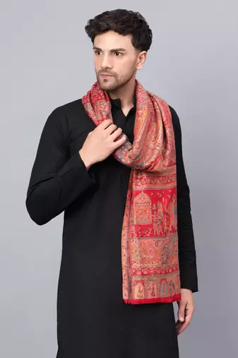 Men Fine Wool Mughal Darbar Kaani Jaal Pashmina Red Shawl