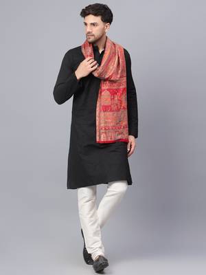 Men Fine Wool Mughal Darbar Kaani Jaal Pashmina Red Shawl 5