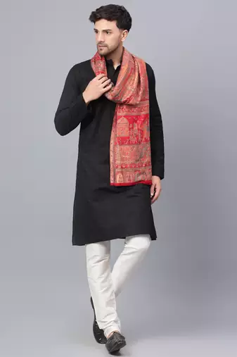 Men Fine Wool Mughal Darbar Kaani Jaal Pashmina Red Shawl