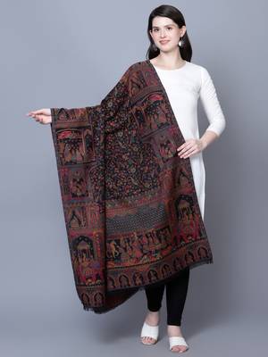 Women Fine Wool Mughal Darbar Kaani Jaal Pashmina Black Shawl 1