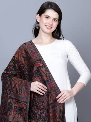 Women Fine Wool Mughal Darbar Kaani Jaal Pashmina Black Shawl 2