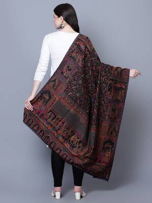 Women Fine Wool Mughal Darbar Kaani Jaal Pashmina Black Shawl 3