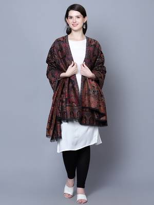 Women Fine Wool Mughal Darbar Kaani Jaal Pashmina Black Shawl 5