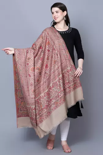 Women's Beige Wool Floral Kashmiri Shawl