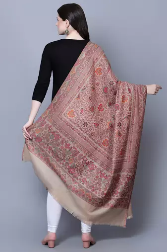 Women's Beige Wool Floral Kashmiri Shawl