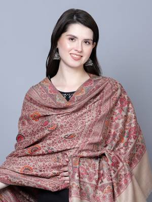 Women's Beige Wool Floral Kashmiri Shawl 4