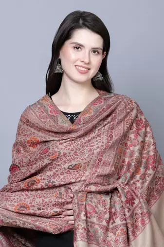 Women's Beige Wool Floral Kashmiri Shawl