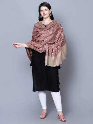 Women's Beige Wool Floral Kashmiri Shawl 5