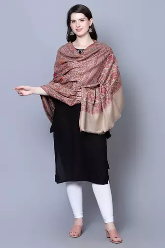 Women's Beige Wool Floral Kashmiri Shawl