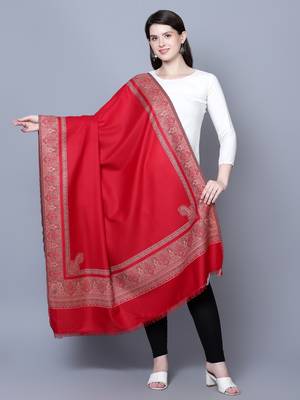 Women Royal Kashimiri Paisley Border Kunj Red Fine Wool Shawl 1