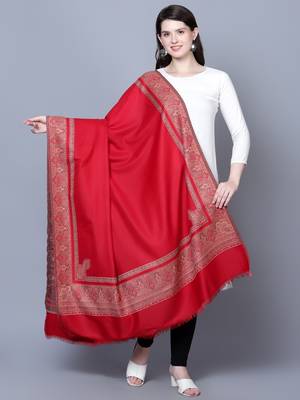 Women Royal Kashimiri Paisley Border Kunj Red Fine Wool Shawl 2