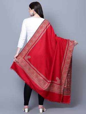Women Royal Kashimiri Paisley Border Kunj Red Fine Wool Shawl 3