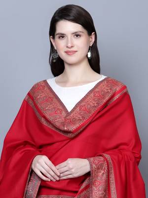 Women Royal Kashimiri Paisley Border Kunj Red Fine Wool Shawl 4