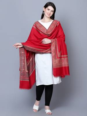 Women Royal Kashimiri Paisley Border Kunj Red Fine Wool Shawl 5