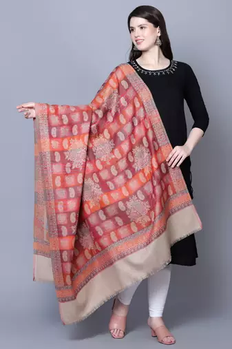 Women Kashmiri  Jaal Fine wool Beige Shawl