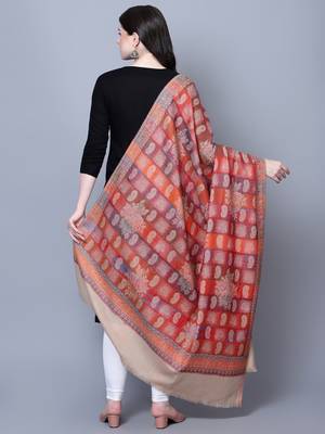 Women Kashmiri Jaal Fine Wool Beige Shawl Online 3
