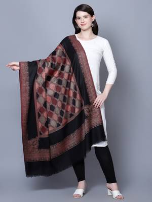 Women Fine Wool Jamawar Jaal Kashmiri Royal Border Black Shawl 1