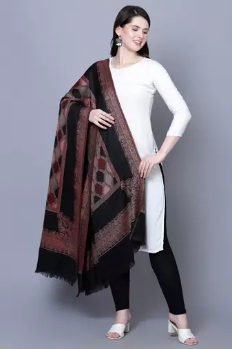 Women Fine Wool Jamawar Jaal Kashmiri Royal Border Black Shawl