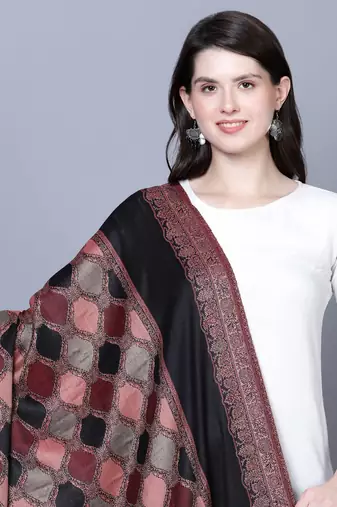 Women Fine Wool Jamawar Jaal Kashmiri Royal Border Black Shawl