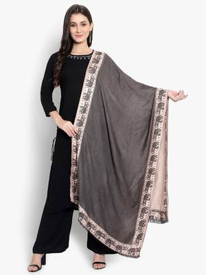 Mizash Women Modal Silk, Designer Elephant motifs Border,  Soft Stole / Shawl 1