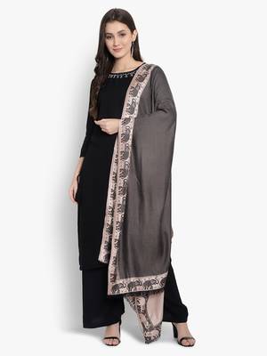 Mizash Women Modal Silk, Designer Elephant motifs Border,  Soft Stole / Shawl 2