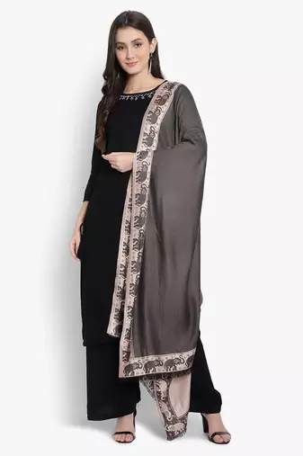 Mizash Women Modal Silk, Designer Elephant motifs Border,  Soft Stole / Shawl