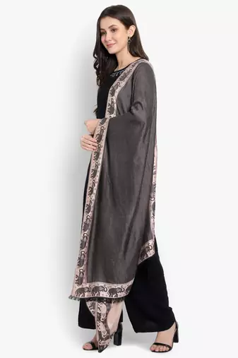 Mizash Women Modal Silk, Designer Elephant motifs Border,  Soft Stole / Shawl