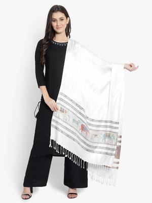 Mizash Women viscose Silk, Designer Elephant motifs Border,  Soft Stole / Shawl 2