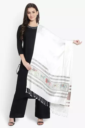 Mizash Women viscose Silk, Designer Elephant motifs Border,  Soft Stole / Shawl