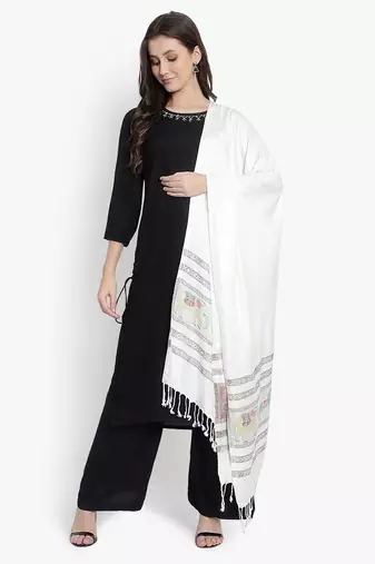 Mizash Women viscose Silk, Designer Elephant motifs Border,  Soft Stole / Shawl