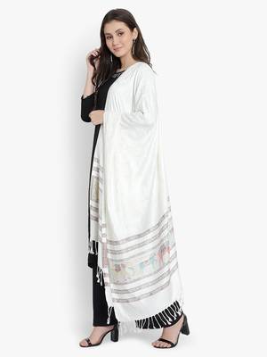 Mizash Women viscose Silk, Designer Elephant motifs Border,  Soft Stole / Shawl 4