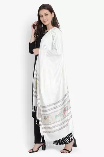 Mizash Women viscose Silk, Designer Elephant motifs Border,  Soft Stole / Shawl