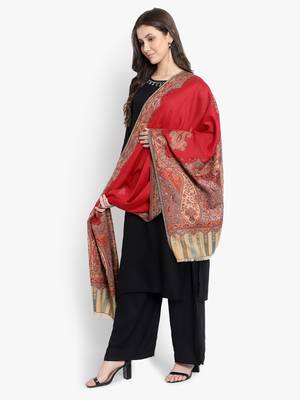Mizash Women Fine Wool,  Red Designer Kaani Cutting  Soft Warm Woven Stole / Shawl 1