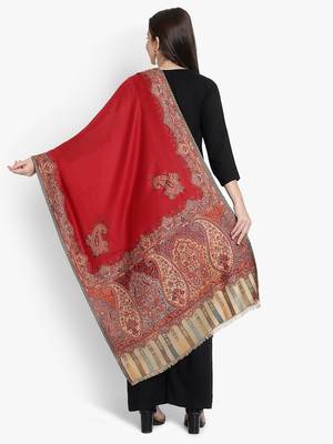 Mizash Women Fine Wool,  Red Designer Kaani Cutting  Soft Warm Woven Stole / Shawl 3