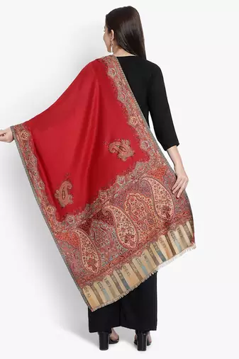 Mizash Women Fine Wool,  Red Designer Kaani Cutting  Soft Warm Woven Stole / Shawl