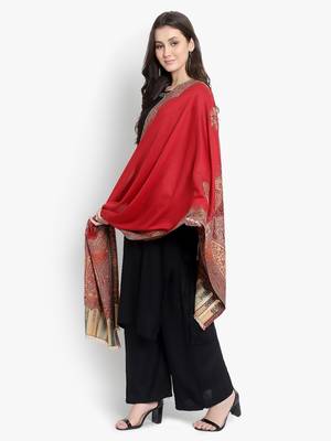 Mizash Women Fine Wool,  Red Designer Kaani Cutting  Soft Warm Woven Stole / Shawl 4