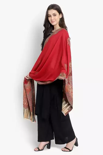 Mizash Women Fine Wool,  Red Designer Kaani Cutting  Soft Warm Woven Stole / Shawl