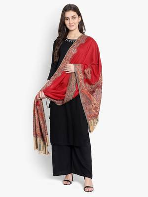 Mizash Women Fine Wool,  Red Designer Kaani Cutting  Soft Warm Woven Stole / Shawl 5