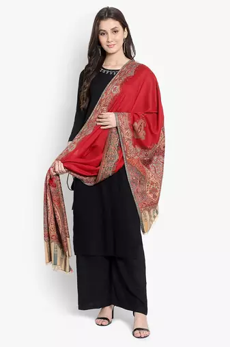 Mizash Women Fine Wool,  Red Designer Kaani Cutting  Soft Warm Woven Stole / Shawl