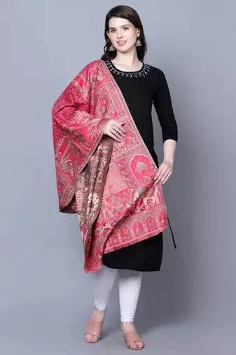 Women Fine Wool Mughal Darbar Kaani Jaal Pink Shawl