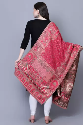 Women Fine Wool Mughal Darbar Kaani Jaal Pink Shawl