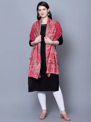 Women Fine Wool Mughal Darbar Kaani Jaal Pink Shawl 4