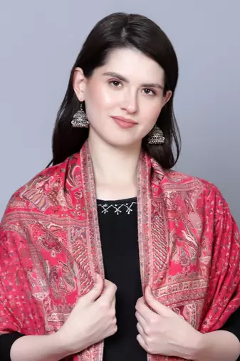 Women Fine Wool Mughal Darbar Kaani Jaal Pink Shawl